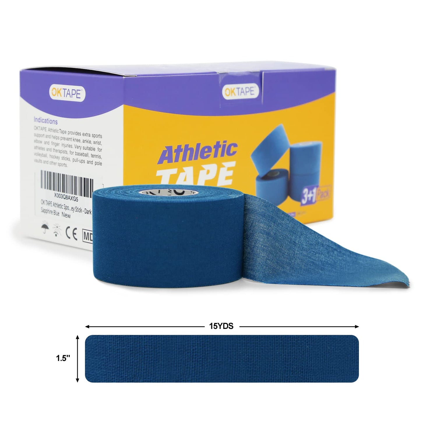 OK TAPE Athletic Sports Tape（4 Packs) - 45ft Per Roll Very Strong Tape for Athlete & Sport Trainers & First Aid Injury Wrap, Perfect for Fingers Ankles Wrist on Bat, Hockey Stick - Dark Blue