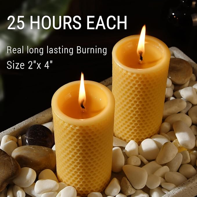 Honeycomb Natural Beeswax Pillar Candles - Pack of 2-100% Pure Beeswax Candles No Scent- for Emergency/Prayer/Relax (2inch Diameter, 4 inch Tall - Yellow)