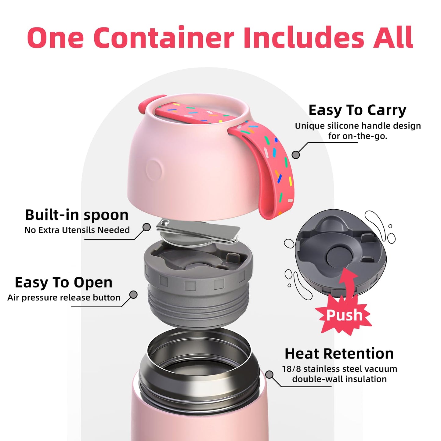 Thermo for Hot Food for Adults Kids | Wide Mouth, 26 oz Insulated Food Jar with Spoon, Leakproof Soup Thermo for School Office Travel, Thermal Steel Lunch Container Easy to Carry (Pink)