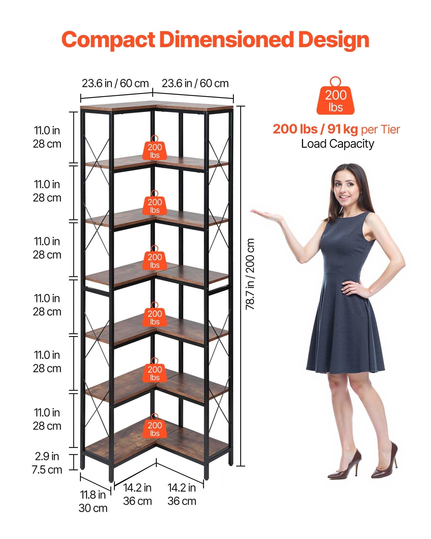 VEVOR 7 Tier Corner Bookshelf, Tall Corner Bookcase Strage, Large L-Shaped Bookshelf Organizer with Metal Frame & Wooden Shelves, Reversible Display Book Shelf Rack for Bedroom, Living Room, Office