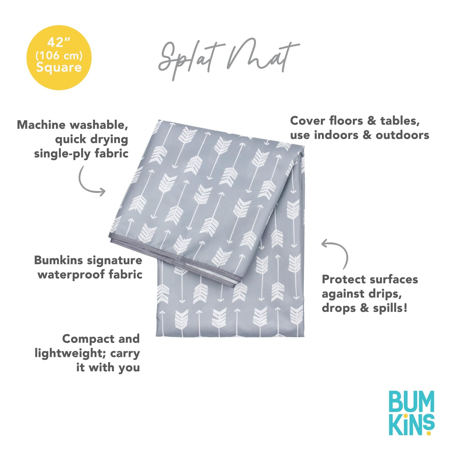 Bumkins Baby Splat Mat for Under High Chair, Babies Toddlers Eating Mess Mat, Waterproof Reusable Cloth for Arts and Crafts, Playtime Mat for Kids, Floors or Tables, Fabric 42inx42in, Gray Arrows