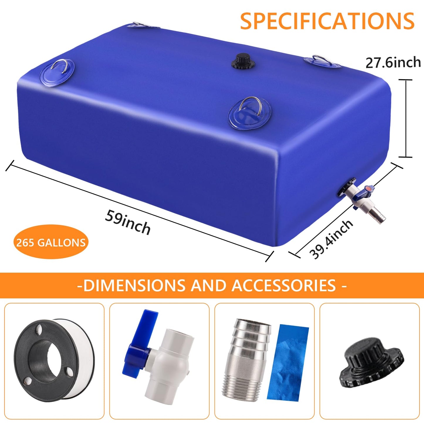 Water Tank, 265 Gallon Water Storage Bladder, Foldable Portable Water Storage, Large Water Storage Containers with 3/4" PVC Spigot and Hose Kit for Camping, Garden, Emergency Water Bag