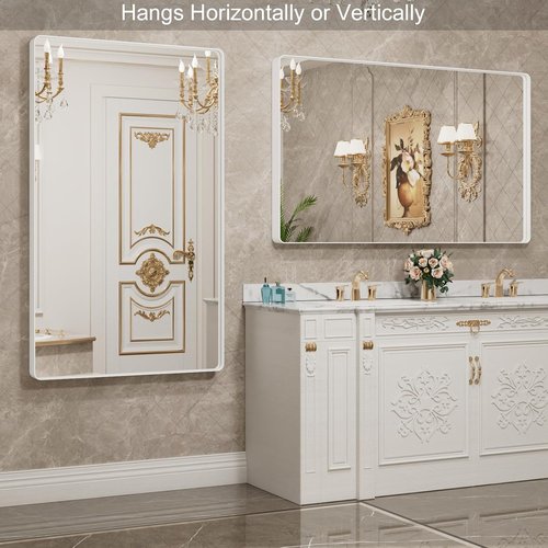 LOAAO Bathroom Mirror - 55x30 Inch White Metal Framed Vanity Mirror | Large Rounded Rectangle, Anti-Rust, Tempered Glass