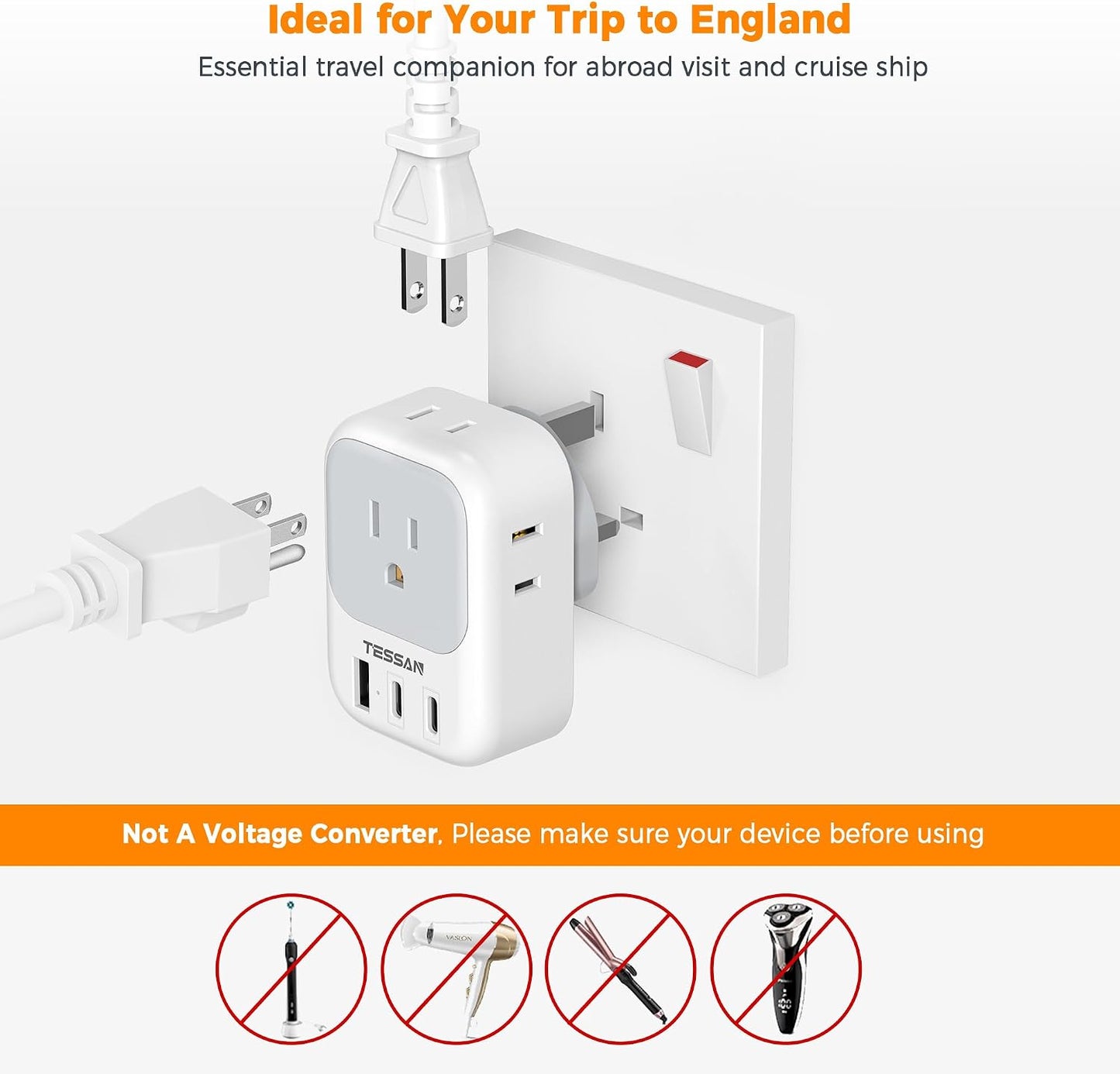 TESSAN 4 3 (2 US to UK Plug Adapter, Type G Travel Adaptor with Electrical Outlets USB Ports USB C), Ireland Power