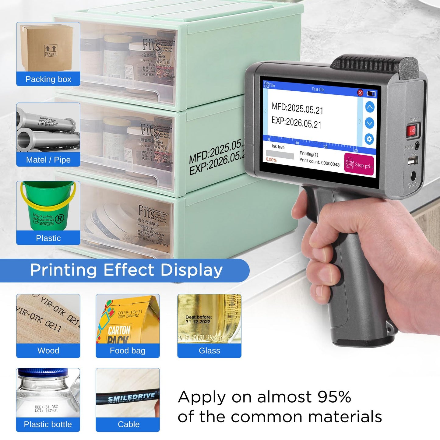 ZHONGMIN Handheld Inkjet Printer with 42ml Quick-Drying Ink Cartridge for Text/Date/Barcode/Logo, Metal Body, 4.3" Touch Screen, Print Height 0.08"-0.5", Portable Industrial Coding Machine ZM-C120L