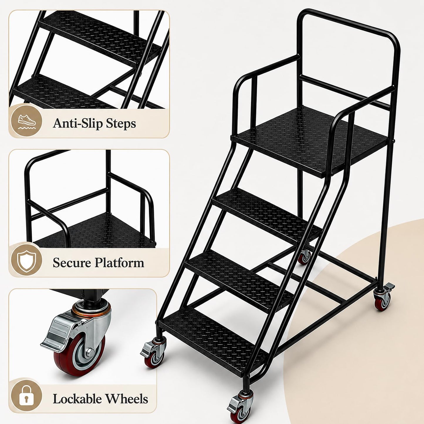 4 Step Rolling Ladder with Handrails, 880 lbs Capacity Heavy Duty Steel Mobile Warehouse Ladder with Locking Wheels, Non-Slip Rolling Stairs with Large Platform for Garage, Stockroom, Library