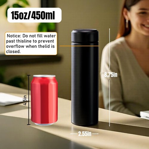15 oz Stainless Steel Water Bottles, Slim Water Bottle, Water Bottle, Insulated Water Bottle Keep Hot for 12 Hrs, Cold for 24 Hrs for Coffee, Drinks(Black)