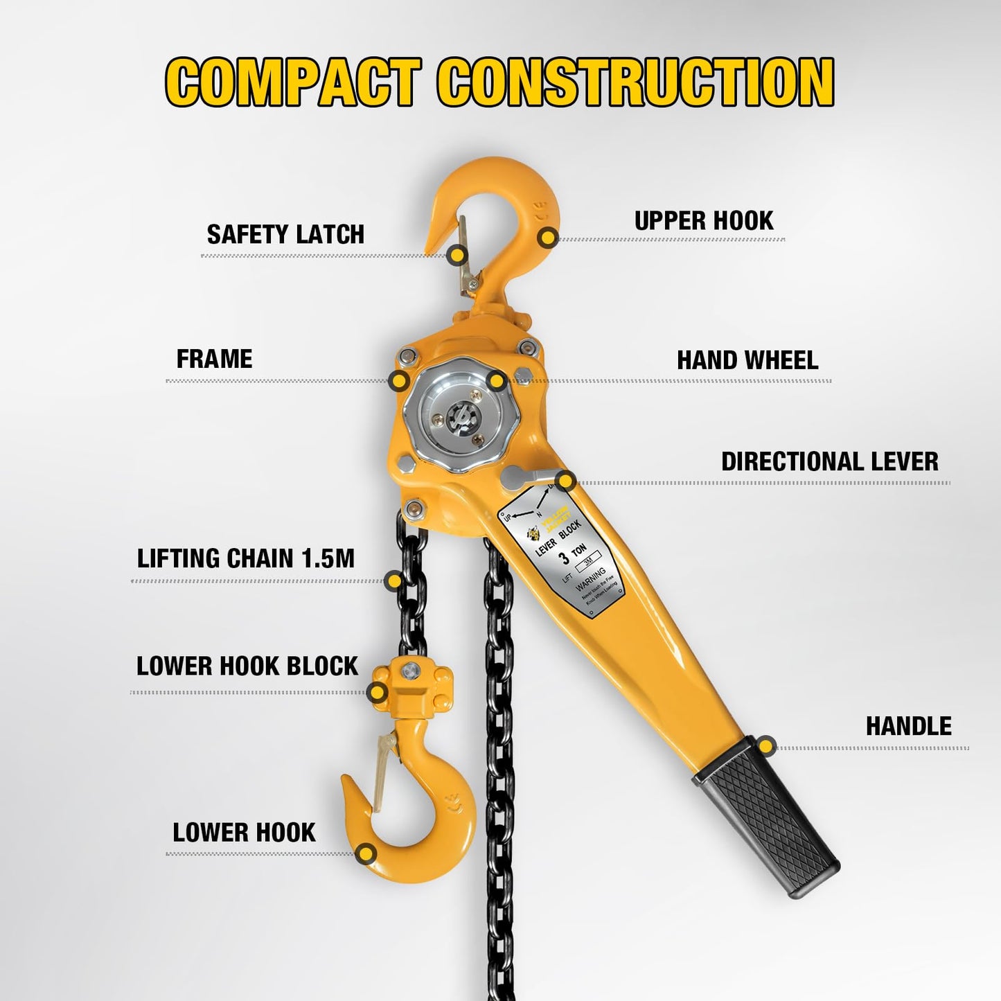 YELLOW JACKET 3 Ton Manual Lever Chain Hoist, 10 FT Come Along, G80 Galvanized Carbon Steel with Weston Double-Pawl Brake, Chain Come Along and Safety Measures for Chain Fall