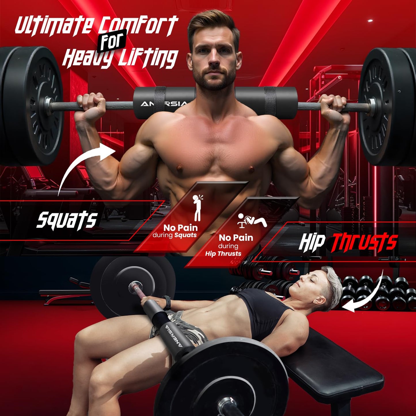 Barbell Pad for Squats & Hip Thrusts – 1.2” Extra-Thick High-Density Foam – Non-Slip Neck & Shoulder Support Cushion – Fits Olympic & Standard Bars – Quick On/Off Design + 2 Securing Straps