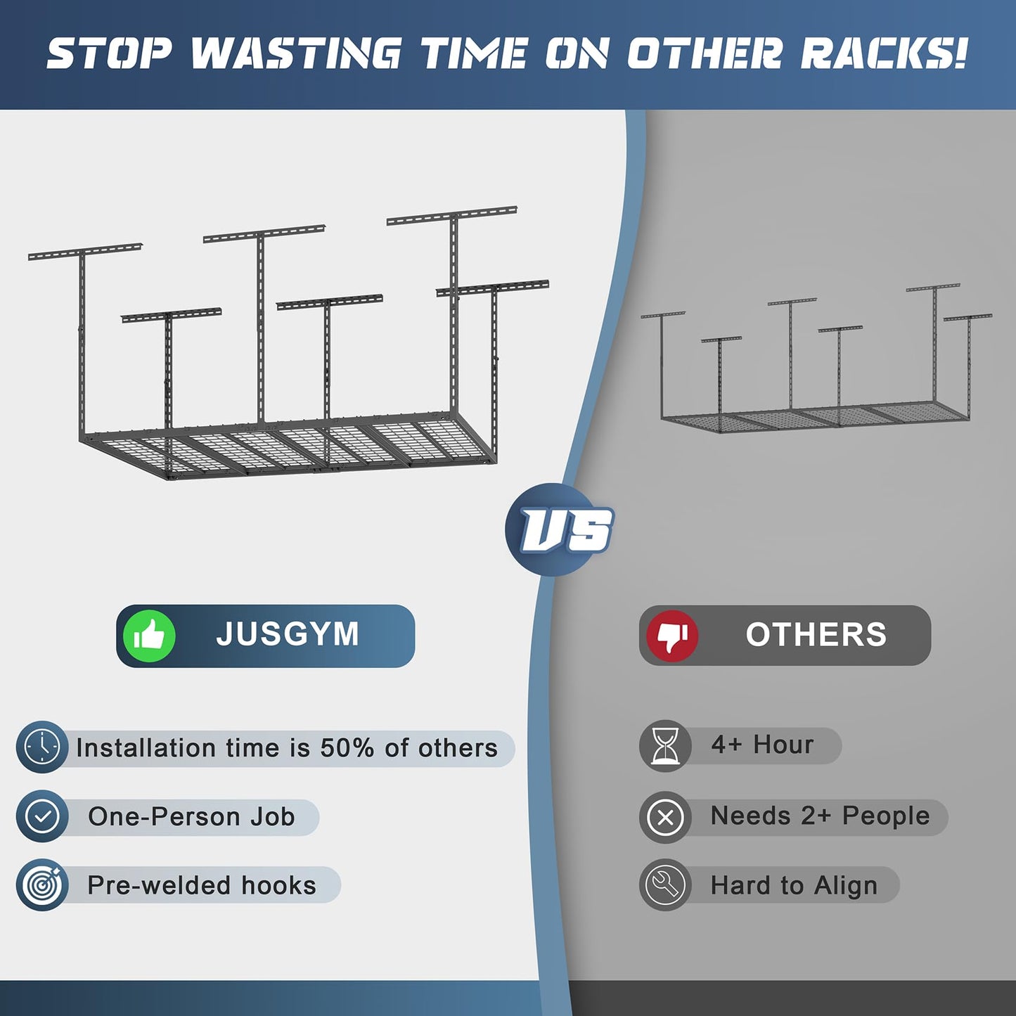 Jusgym 4X6FT Overhead Garage Storage Rack, 26"-40" Height Adjustable Garage Ceiling Storage Racks, Heavy Duty Metal Overhead Storage Organizer System, 450LBS Weight Capacity
