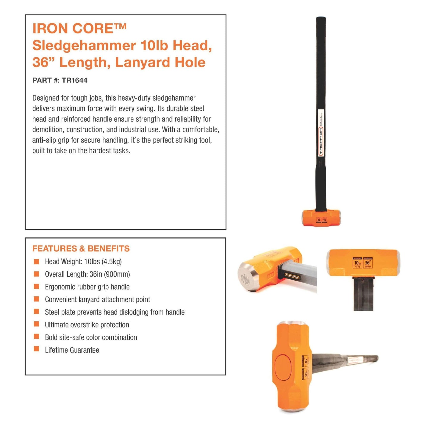 TREMMOR Sledge Hammer 10lb Heavy Duty Sledgehammer with IRON CORE Steel Reinforced Rubber Handle | Sledgehammers for Demo, Pros, Industrial (36 inch Length) TR1644