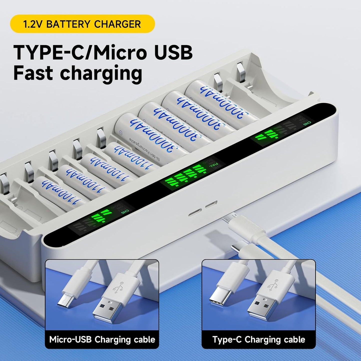 Mspalocell 12 Bay AA AAA Battery Charger, USB High-Speed Charging, Independent Slot, for Ni-MH Ni-CD Rechargeable