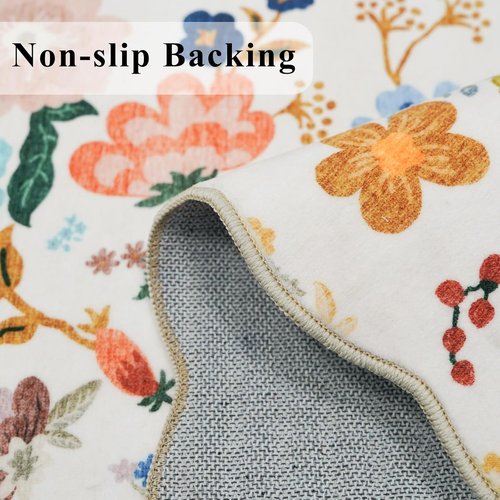 Hallway Floral Runner Rug - Washable Scalloped Soft Carpet with Non-Slip Backing | 2'6"x14", Cream