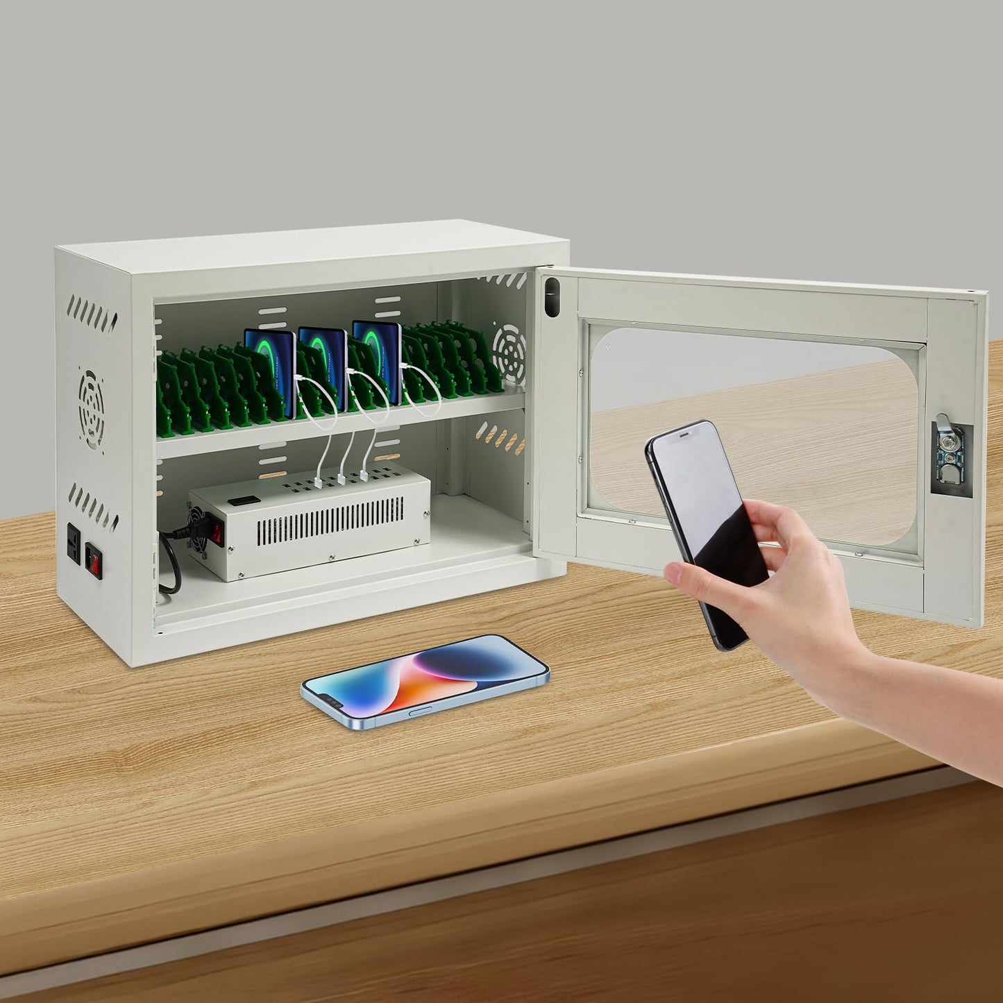 QUEWATSA Cell Phone Charging Station, 20-Device Rechargeable Mobile Phones Charging Cabinet, Locking and Charging Phone Storage Box, Mobile Charging Cart, Lockable Device Charging Locker