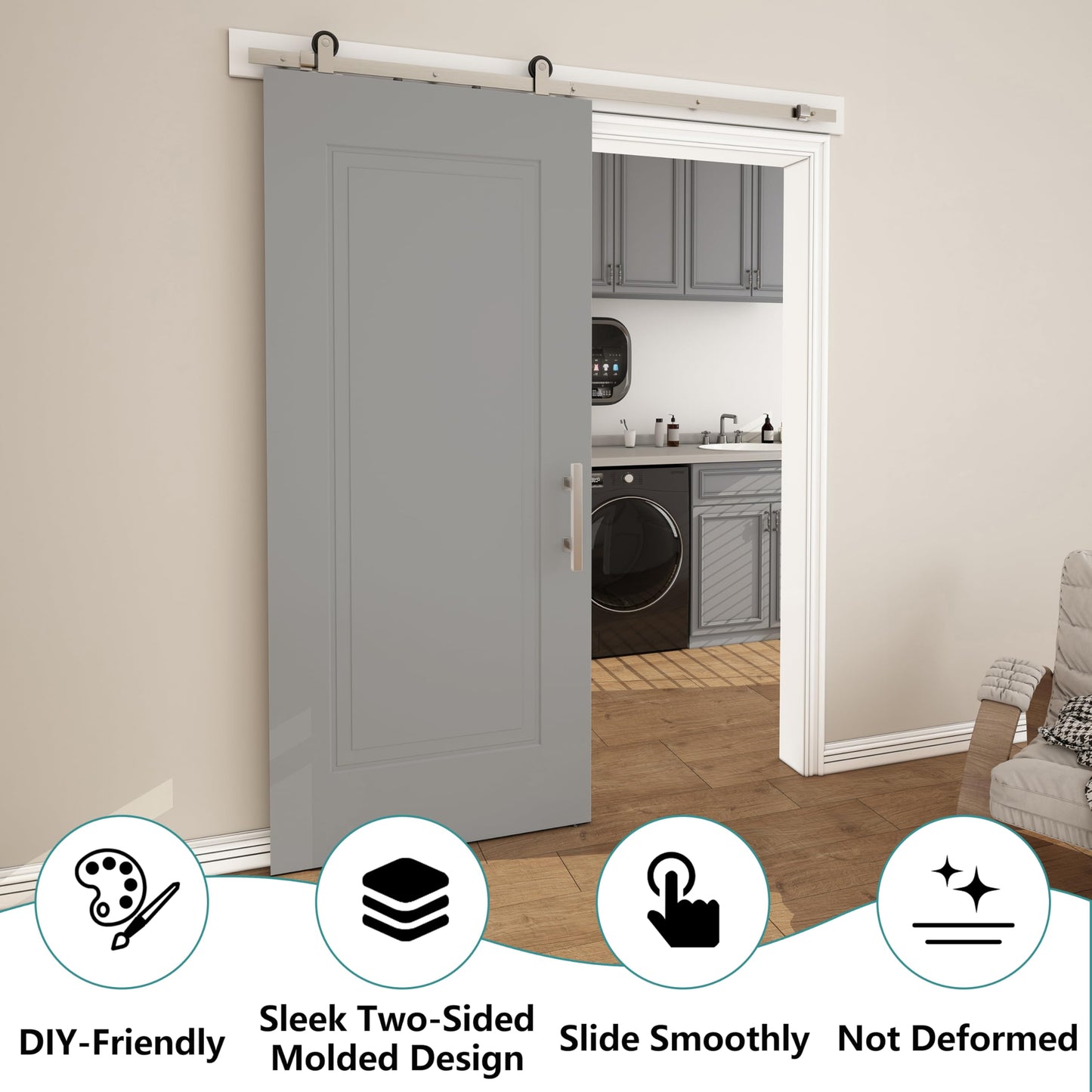 JUBEST 36''x84'' Sliding Barn Door, 1 Panel with 2 Steps White Primed Sliding Closet Door with Satin Nickel 6FT Hardware Kit, Hollow Core Interior Door, Pre-Assembled Panels, Durable & Sturdy