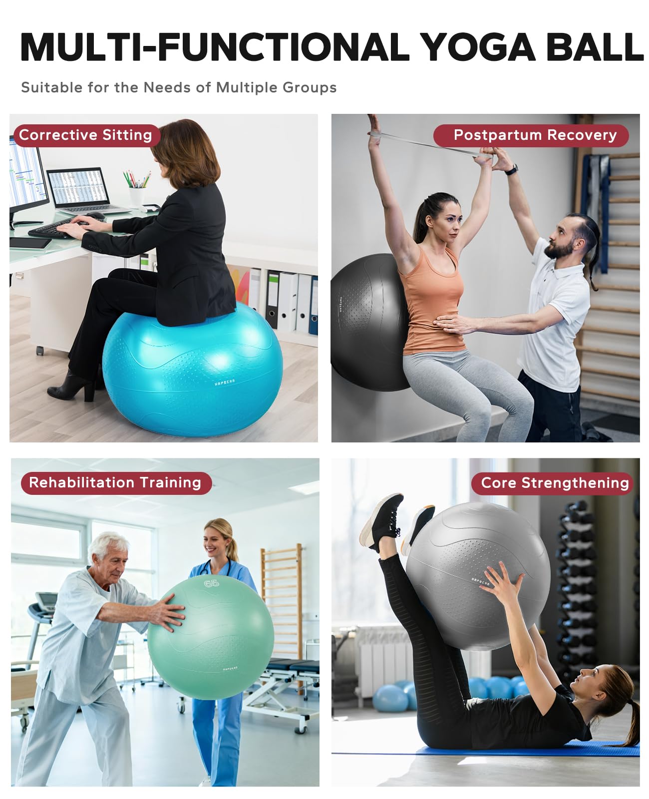 HAPBEAR Exercise Ball (22''/26''/30'') - Anti-Burst Slip-Resistant Yoga/Pilates Ball for Core Training & Posture Improvement, Home Gym/Rehab/Pregnancy Ball, Quick Pump & 3 Resistance Bands Included