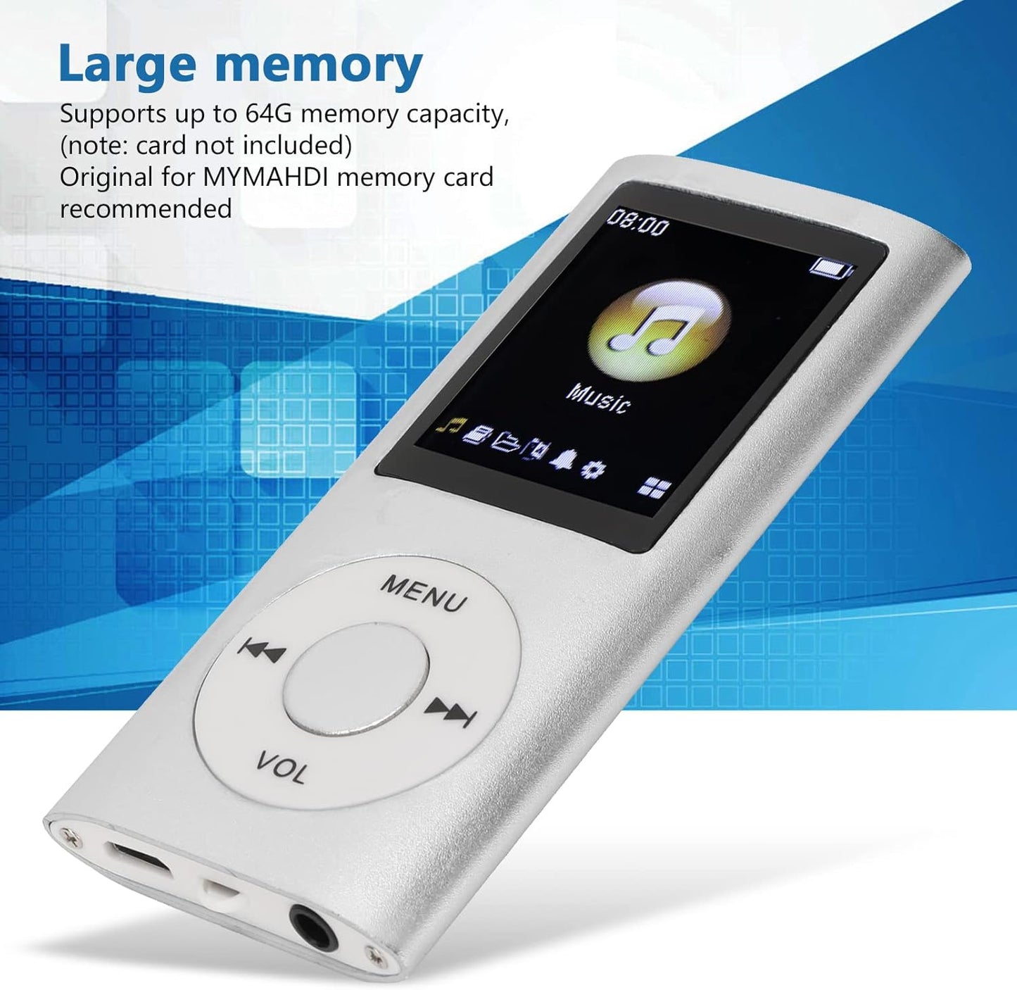 Estink MP3, MP3 1.8inch MP3 Mini Portable Stylish Multifunctional Lossless Sound Slim Music Player, Large LCD Screen