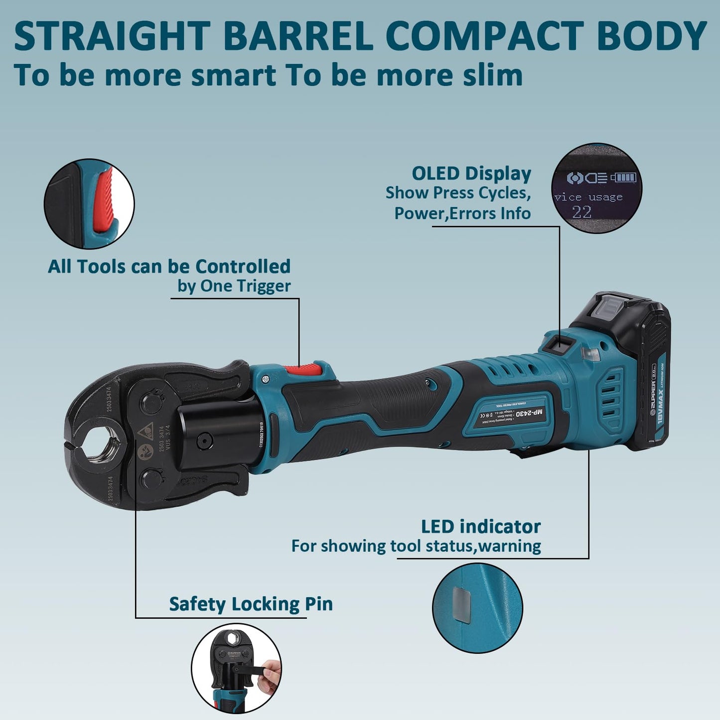 ZUPPER Press Tool,18V Electric Copper Pipe Crimping Tool with 4 Press Jaws 1/2”- 1 1/4”,Brushless Motor,2pcs 2Ah Battery Fast Charger & Carrying Case