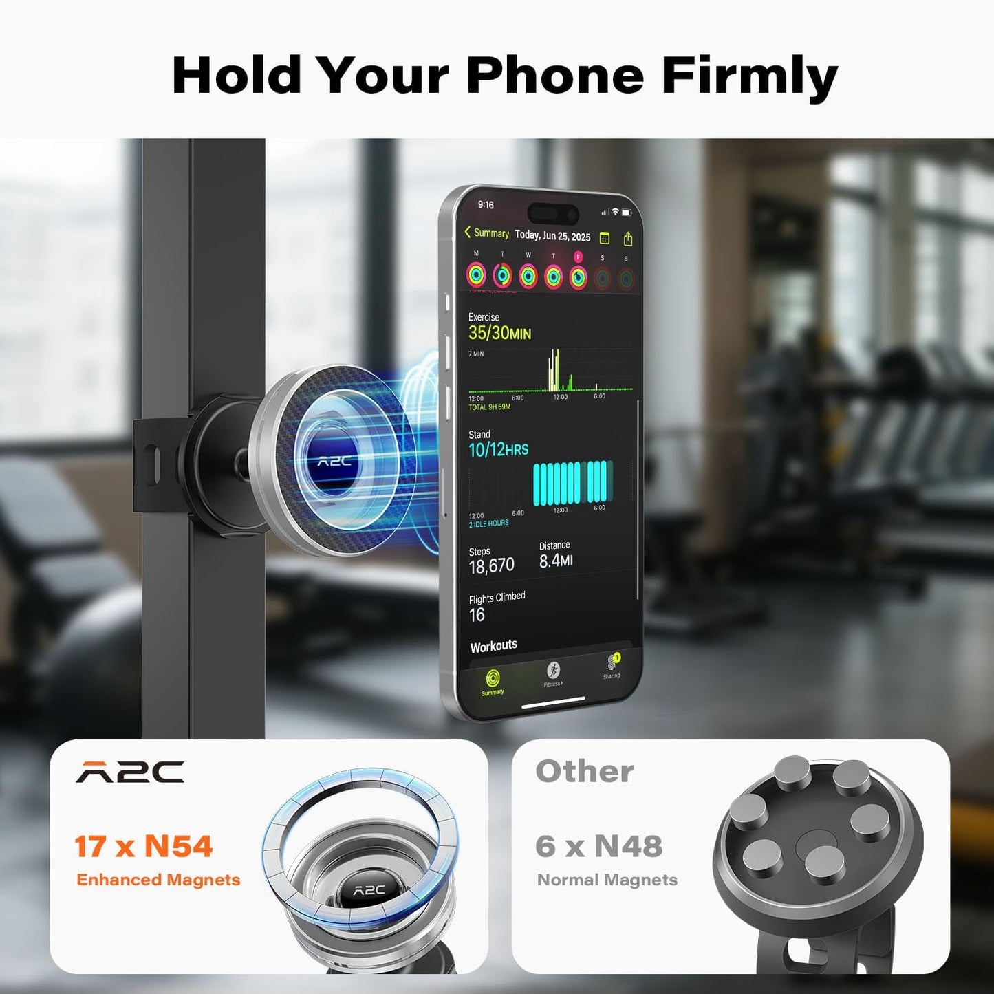 A2C Phone Holder for Peloton Bike, Stroller Phone Holder with Strong Magnets, Adjustable Strap Phone Mount for Shopping