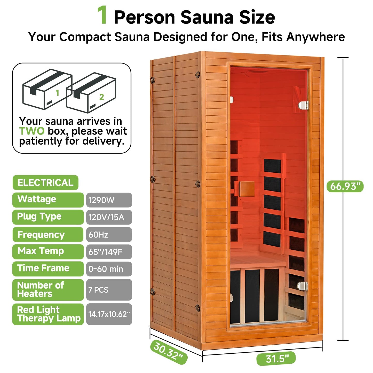 Real Relax Infrared Sauna with 660 & 850nm Red Light Therapy, Full Spectrum Sauna with 7 Heater, 1290w 120v, Fast Heat-Up, 1 Person Canadian Hemlock Wood Dry Sauna for Indoor, Home Gym, 31.5*30.3*67"