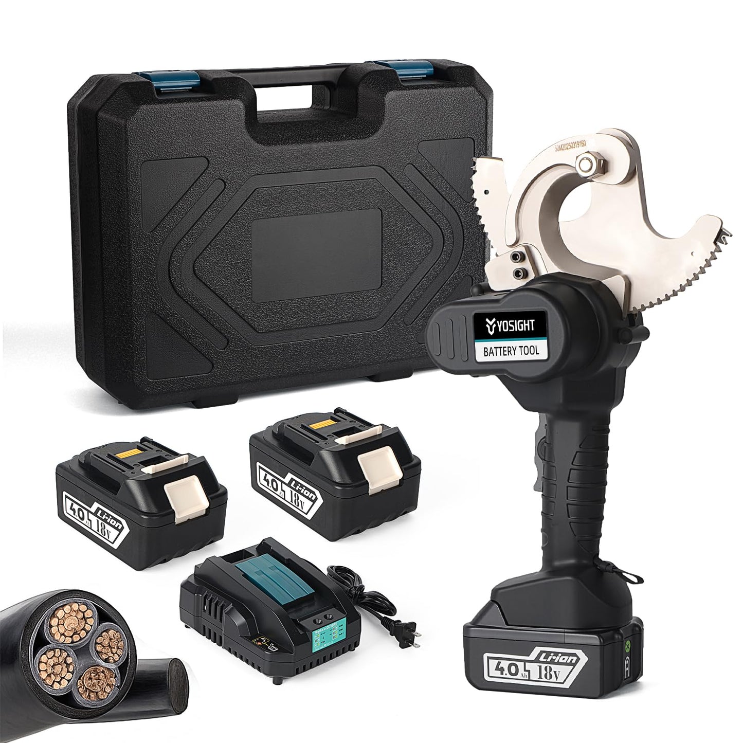 YOSIGHT 54mm Heavy Duty Cable Cutters Kit, 18VDC Cordless Rechargeable Electrical ACSR Cutting Tool for Copper and Aluminum, 2 4Ah Batteries & 1 Battery Charger Included