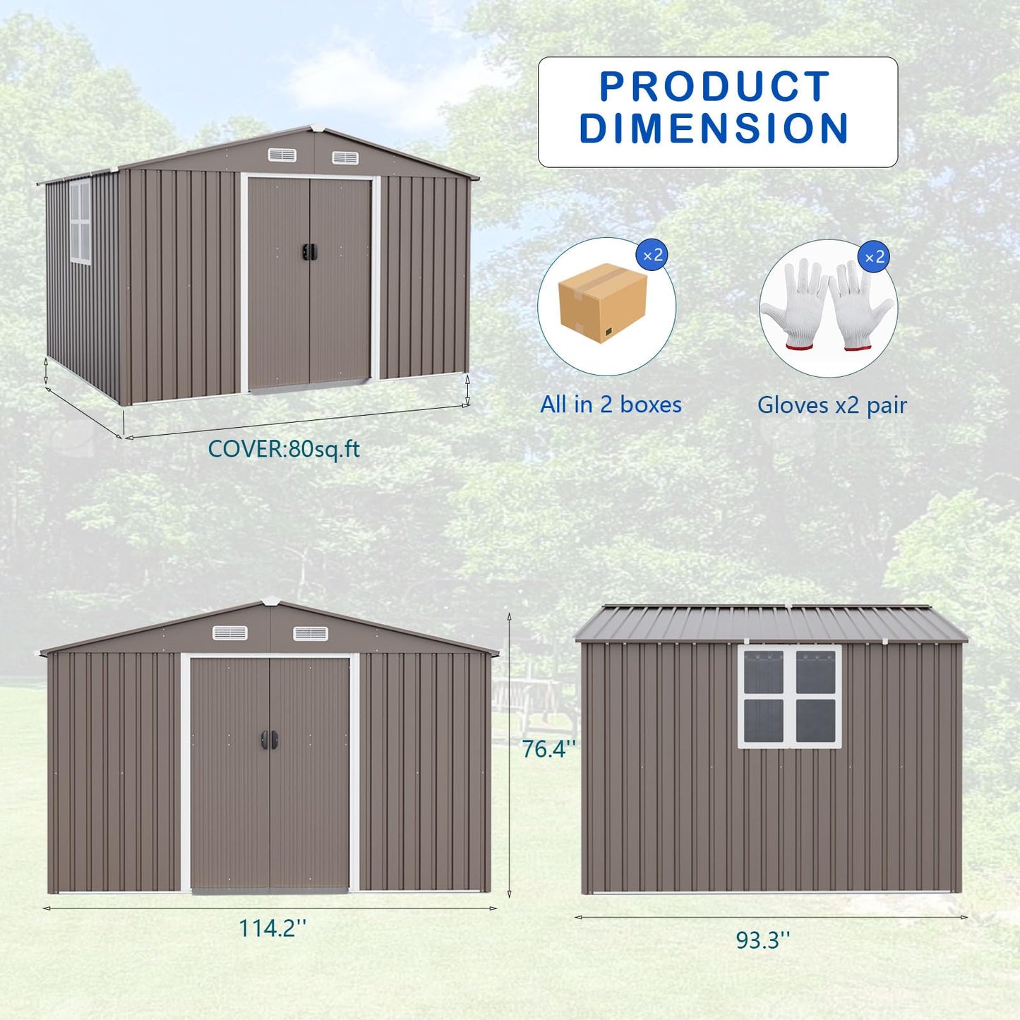 ALAULM 10'x8' Outdoor Storage Shed Outdoor Galvanized Metal Tool Shed with Vents & Sliding Door, Waterproof Garden Shed for Patio,Lawn,Backyard to Store Bikes,Tools-Brown