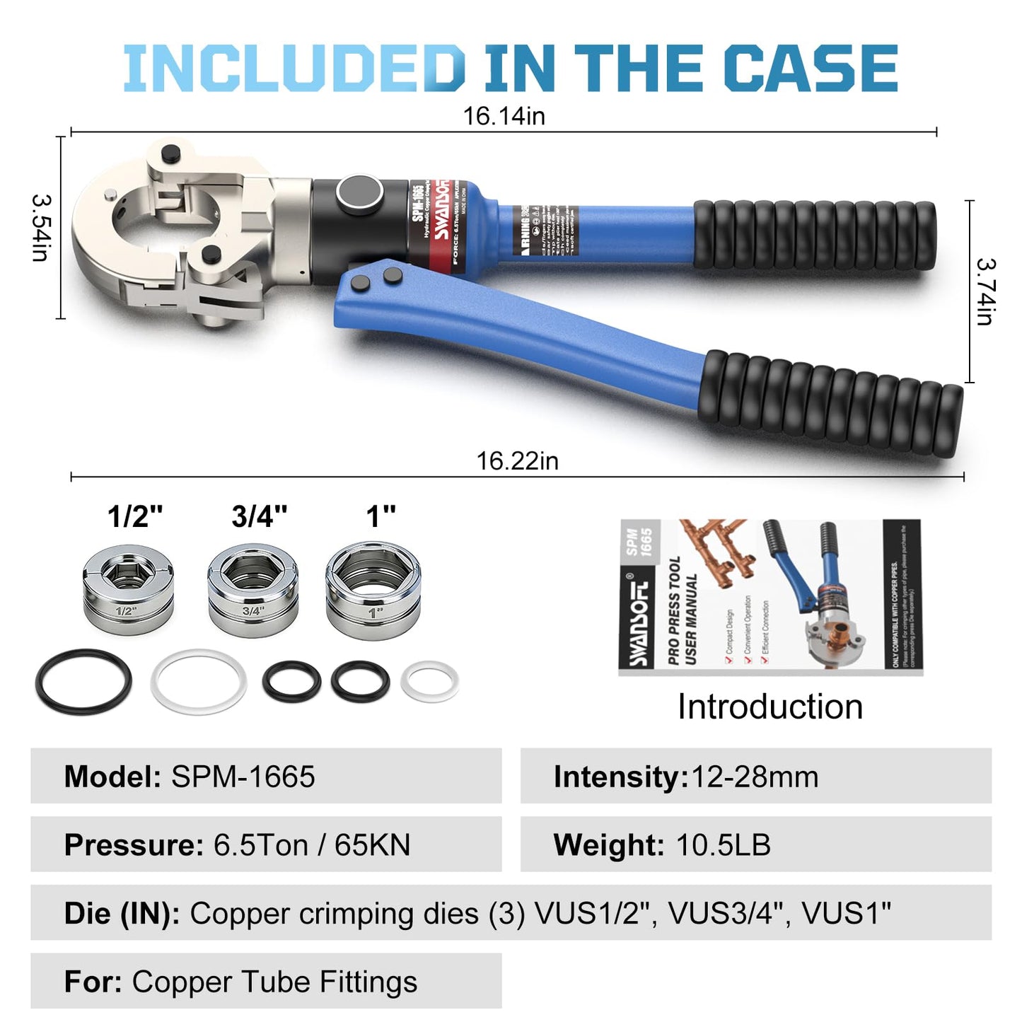 SWANSOFT Hydraulic Copper Pipe Crimping Tool with 1/2", 3/4", 1" Dies – Compact Pro Press Tool for Copper Tube Tight Spaces and Tee/Bend/Straight Fittings,DIY Small Project for Homeowner,Plumber