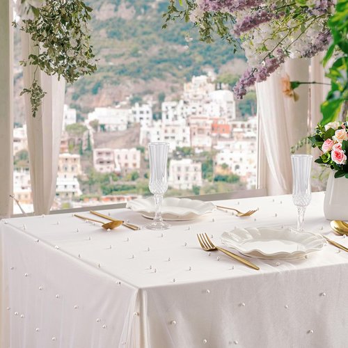 6 Pack 60x120Inch White Pearl Table Cloth Sheer Tulle Tablecloth Bridal Veil Tablecloths Tulle Fabric Table Cover for Wedding Bridal Shower Birthday Party Decor 10ft
