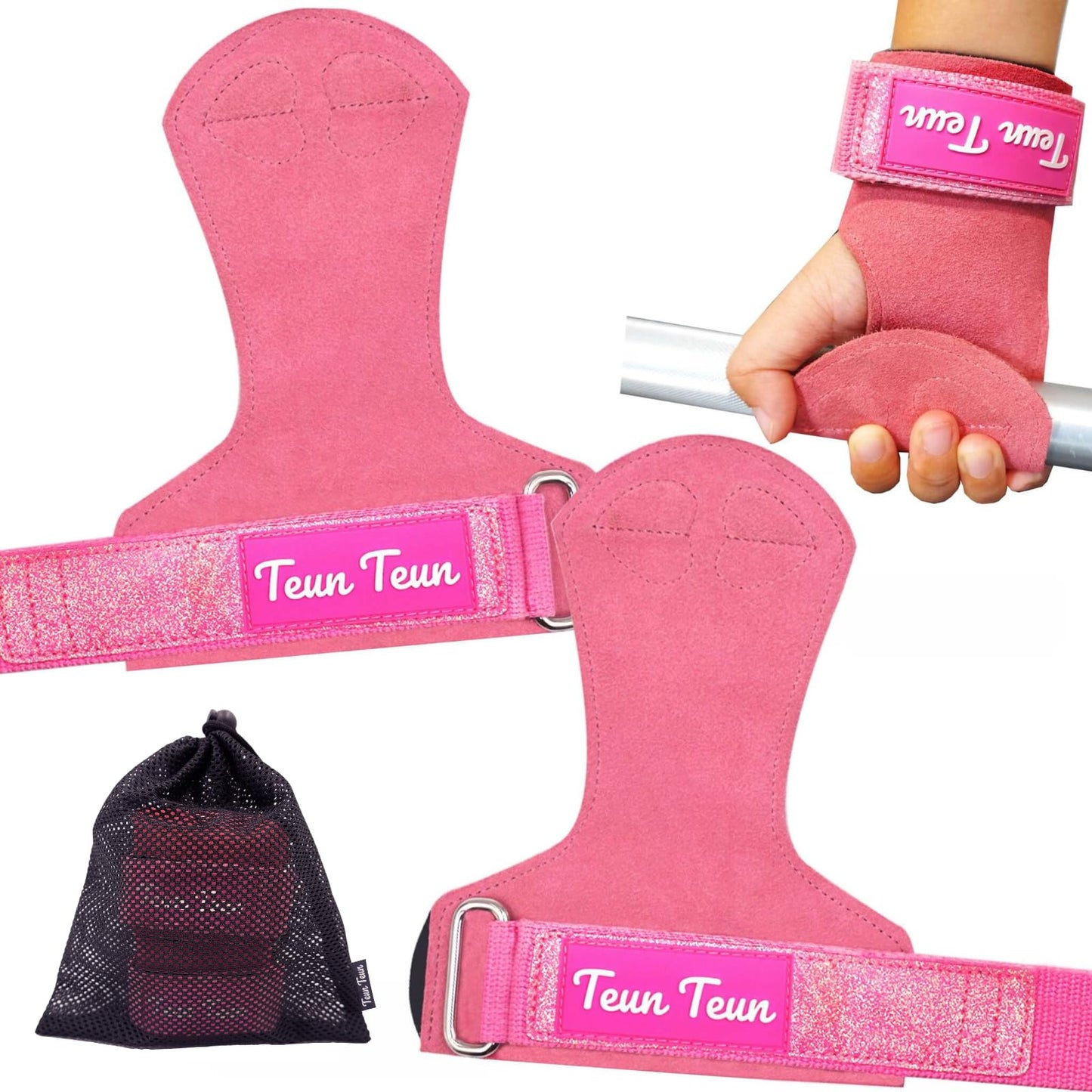 Teun Teun Glitter Wrist Straps for Weightlifting Pink Leather Gym Lifting Straps for Deadlifts, Weight Grips with Neoprene Padded Wrist Wraps Support