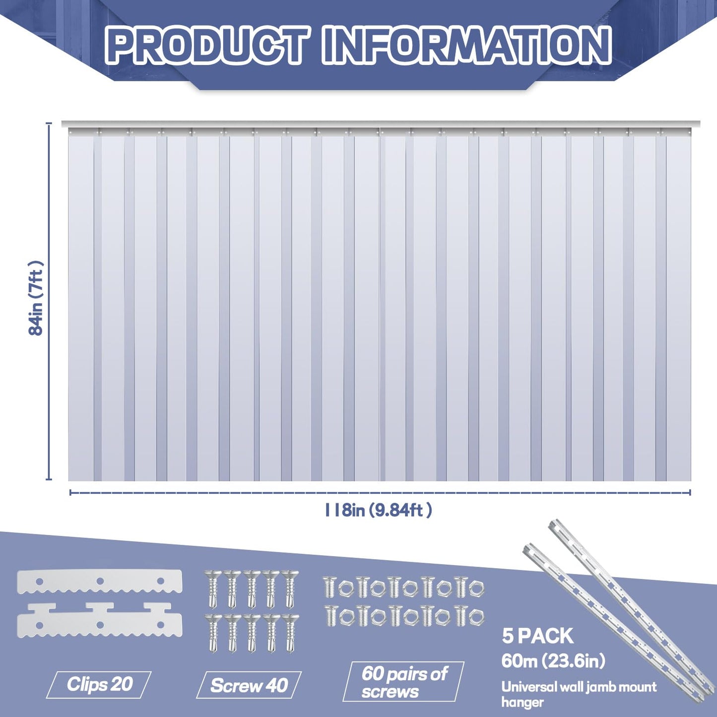 Juexica 84 x 118 Inches Plastic Strip Door Curtain Kit 0.08'' Walk in Cooler Curtains Thickness PVC Freezer Door Curtain Smooth Waterproof Hurricane Shutters Gate for Warehouse Garage Industry(Clear)