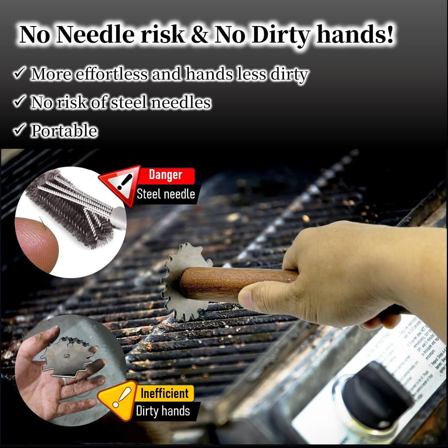 iNenya Grill Brush and Scraper for Barbecue – Safe Bristle Free Stainless Steel BBQ Cleaner with Heavy Duty Scrubber Pad, Grill Accessories Steel Wool Scrubbers for Porcelain Gas Charcoal Grill