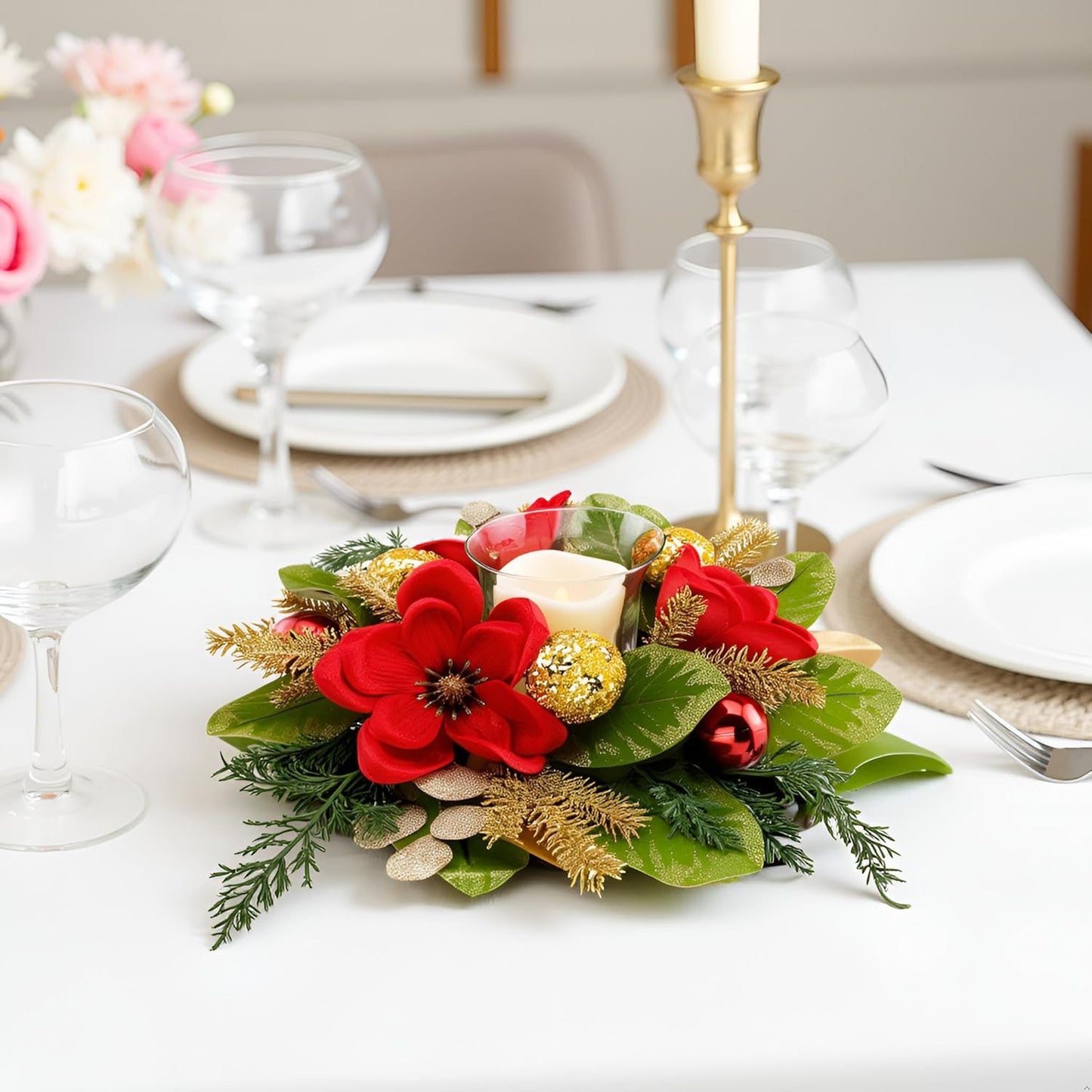 Skiennix 18" Centerpiece - Flameless LED Candle Holder with Red Magnolia & Gold Baubles for Holiday Decor