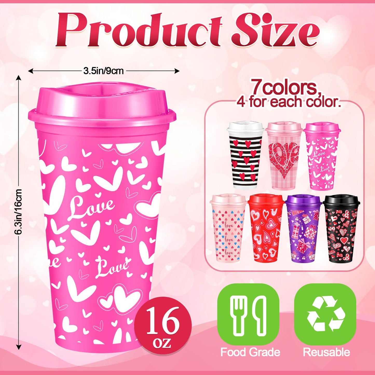 Pickmesh 28 Pack Valentines Day Coffee Cups Gift Bulk for Women Teachers 16 oz Reusable Valentine Coffee Mugs with Lid Red Heart Plastic Tumblers Thank You Mug for Hot and Cold Drinks