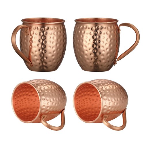 Cocktail Geek Moscow Mule Copper Mugs, Hammered Design, 100% Pure Solid Copper with Riveted Handle, Set of 4