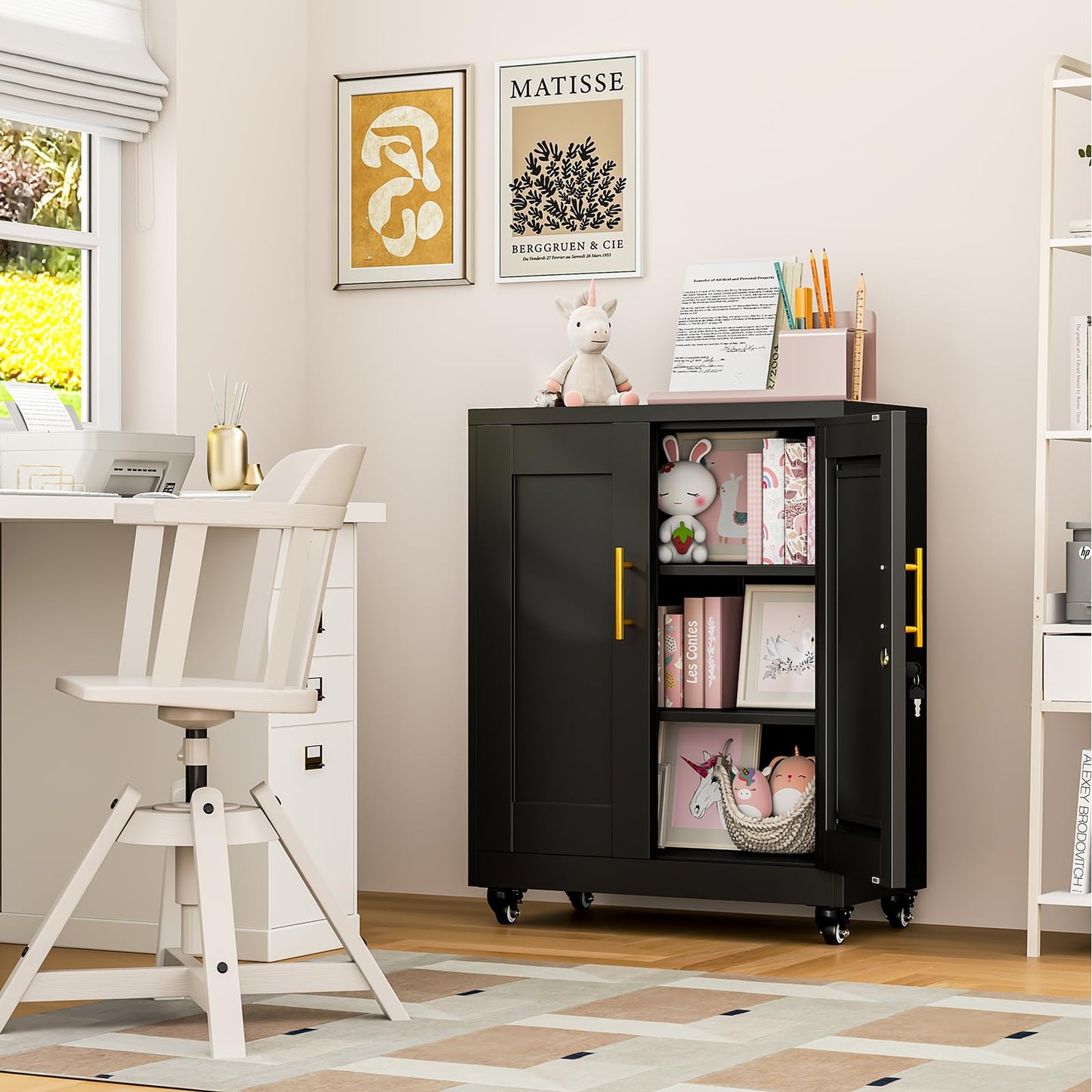 RISTERN Metal Storage Cabinet with Wheels, 36" Tall Locking Storage Cabinet with 2 Adjustable Shelves, Locking Garage Cabinet, Steel Locker Organizer, for Office, Home, School, Black