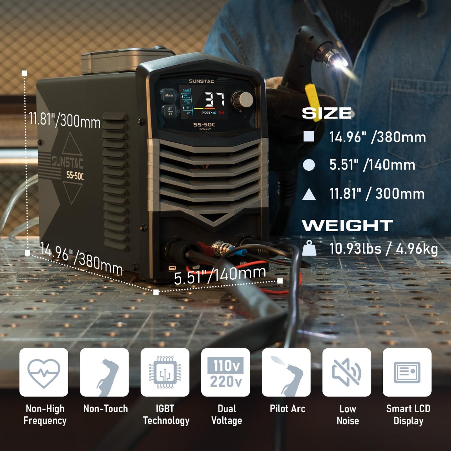 Sunstac Plasma Cutter, Non-Touch Pilot Arc 50Amps Non-High Frequency Plasma Cutting Machine with Large LCD Display 110/220V Dual Voltage IGBT Inverter 4/5 Inch Max Cut 2T/4T, for Beginners DIY