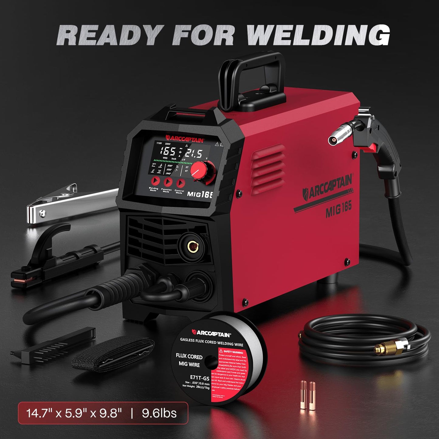 ARCCAPTAIN 165A MIG Welder 110V/220V [Large LED Display] 4 in 1 Gasless/Gas MIG/Lift TIG/Stick Welding Machine Multiprocess Welder Machine, IGBT Inverter Welder with Synergy, 2T/4T