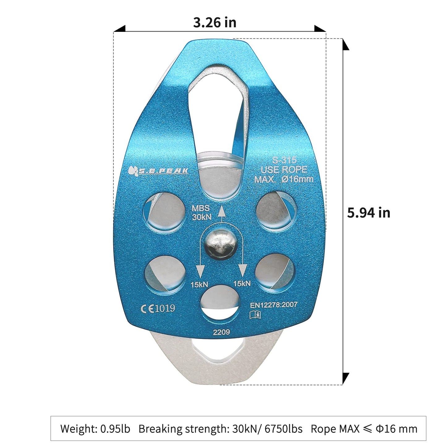 SEPEAK CE 30kN Large Rescue Climbing Pulley Double Sheave with Swing Plate, Portable Outdoor Safety Pulley for Backyard Zipline,Climbing&Rock Lifting,Fits Rope up to 16 mm/Holds Up to 6750lbs,Blue
