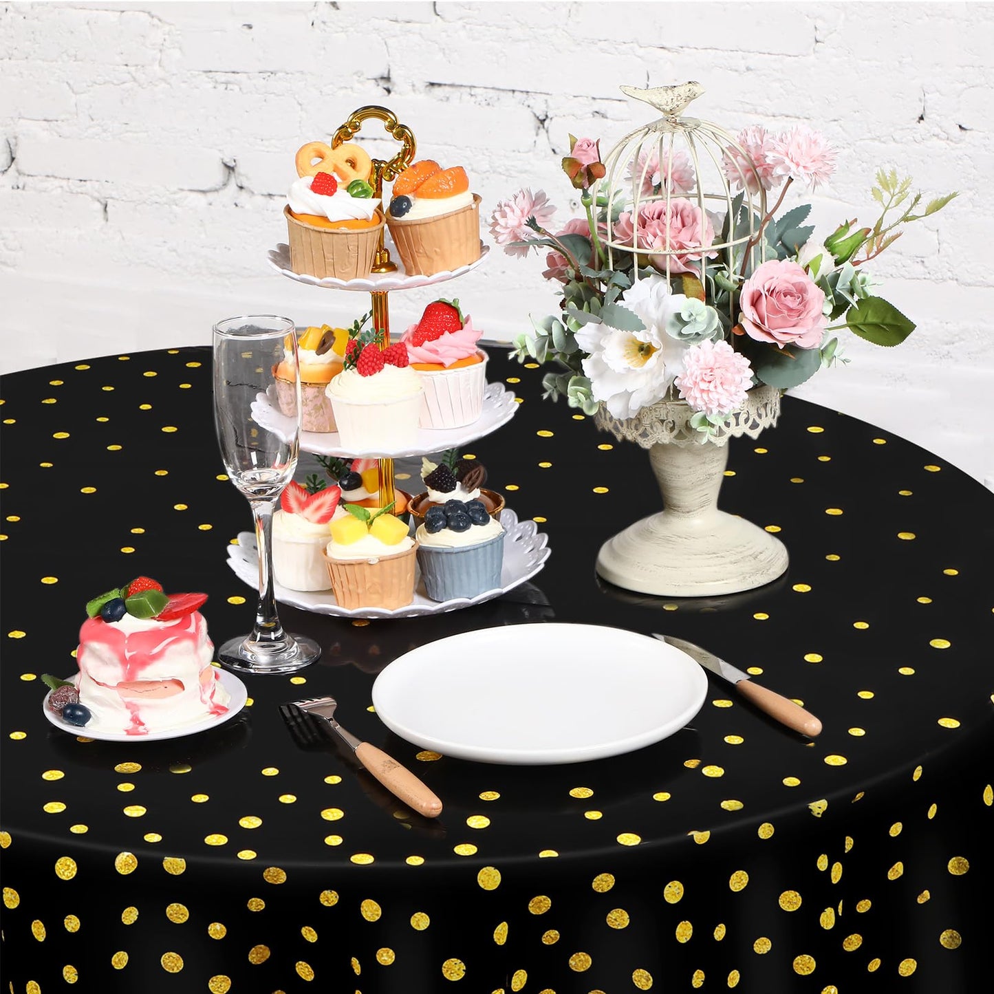 Newwiee 8 Pcs Round Dot Tablecloth 84 Inch Plastic Polka Dot Table Cover Disposable Confetti Tablecloths for Grad Wedding Bridal Shower Birthday Spring Graduate Party Decor (Black,Gold)