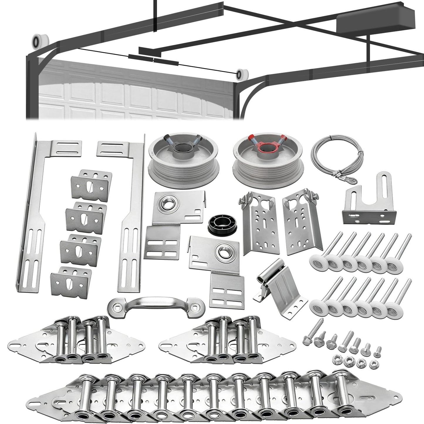 MorningRo Garage Door Parts Installation Bundle Kit for 16' by 7' Overhead Doors, Fix Replace Garage Hardware Repair Replacement Set with Brackets Drums Cables Hinges Rollers Screws Bearings & Bolts