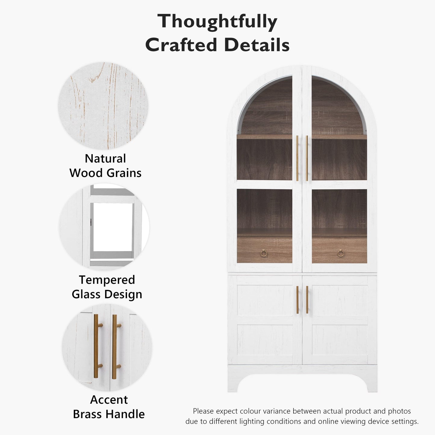 71" Tall Arched Kitchen Pantry Cabinet with Hidden Large Drawers,Food Pantry Storage Cabinet with Glass Door,3 Adjustable Shelves,4 Door Shelves,Freestanding Cupboard for Kitchen, Dining Room(White)