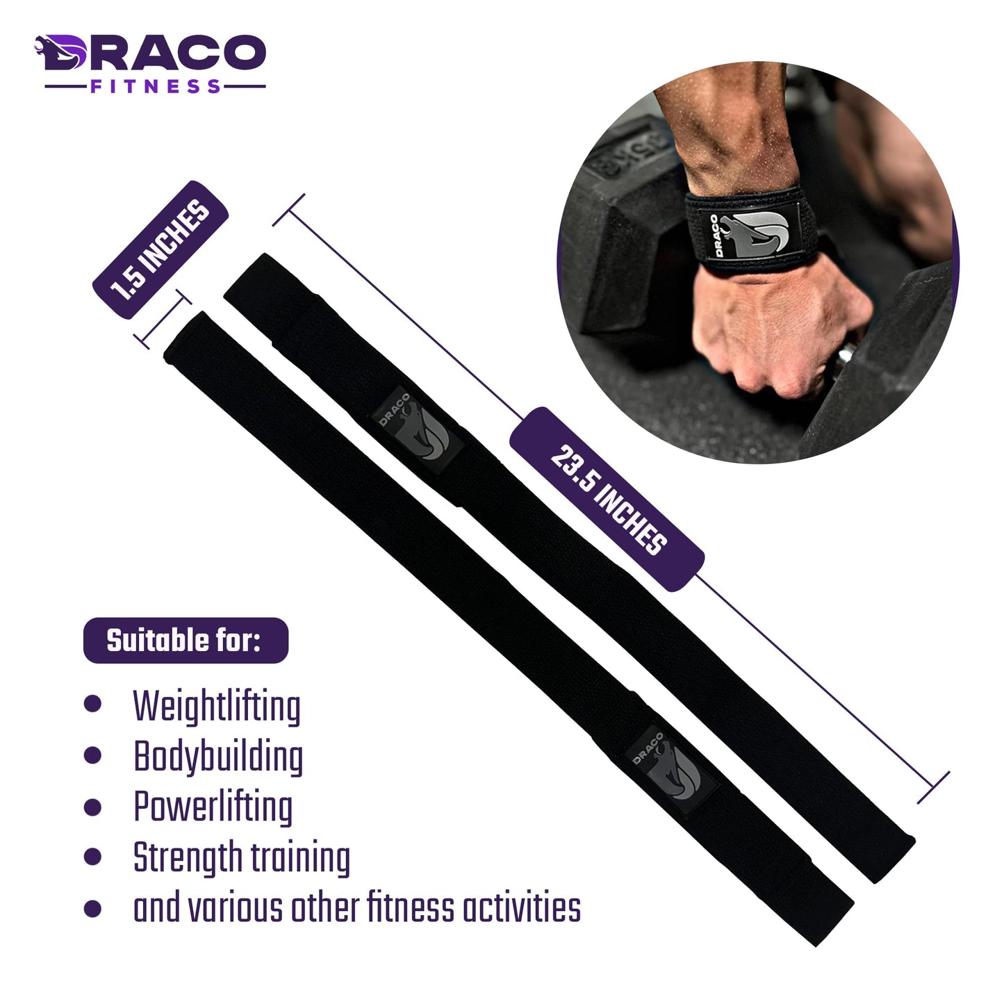 DRACO FITNESS Lifting Wrist Straps - Padded Neoprene for Weightlifting, Bodybuilding, Powerlifting, Strength Training, Deadlift - 23.5" L x 1.5" W Cotton with Heavy Duty Stitching