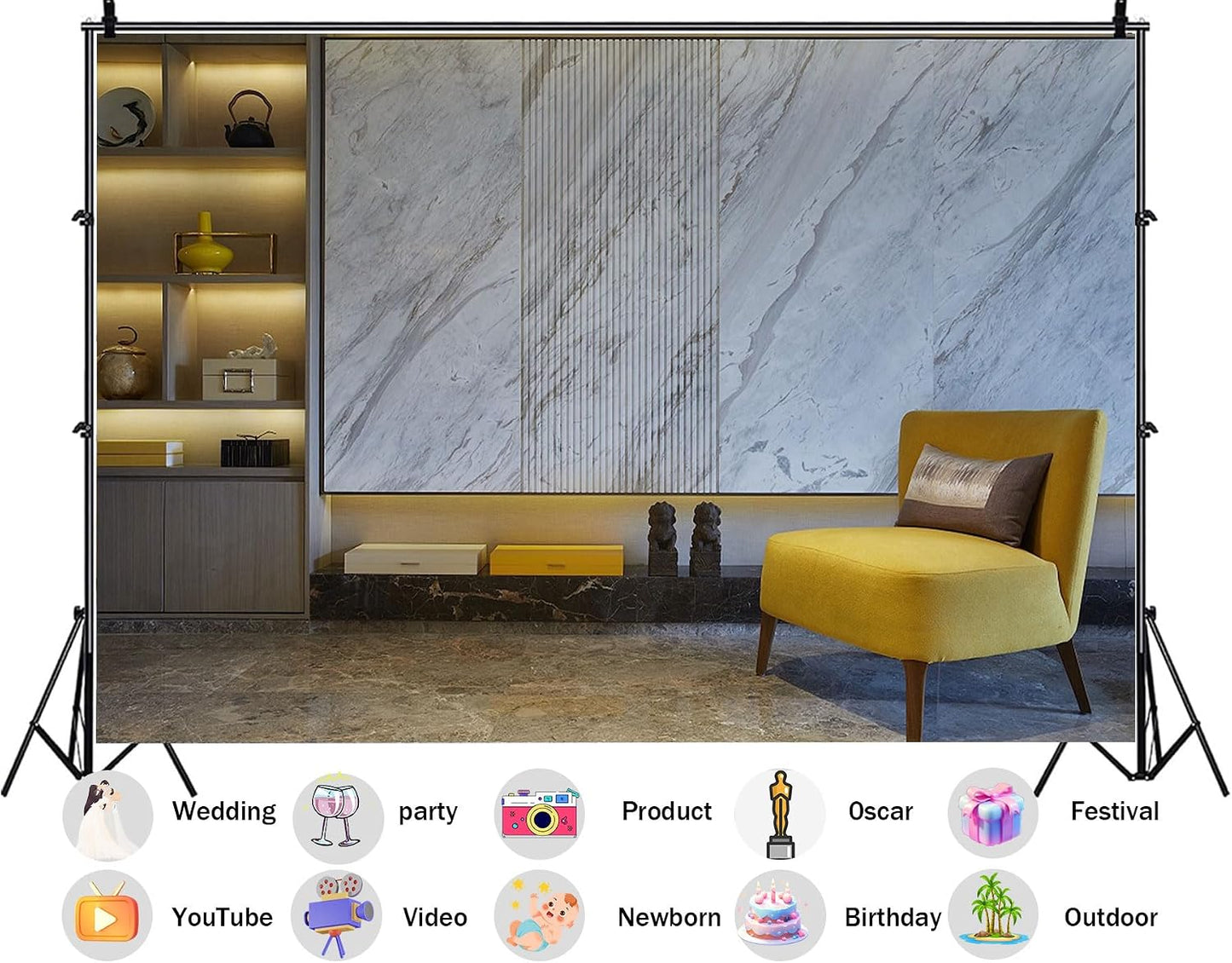 SHDASMIL 9X6ft Luxury Marble Wall Interior Backdrop Yellow Accent Chair Elegant Shelf Background Modern Asian Style