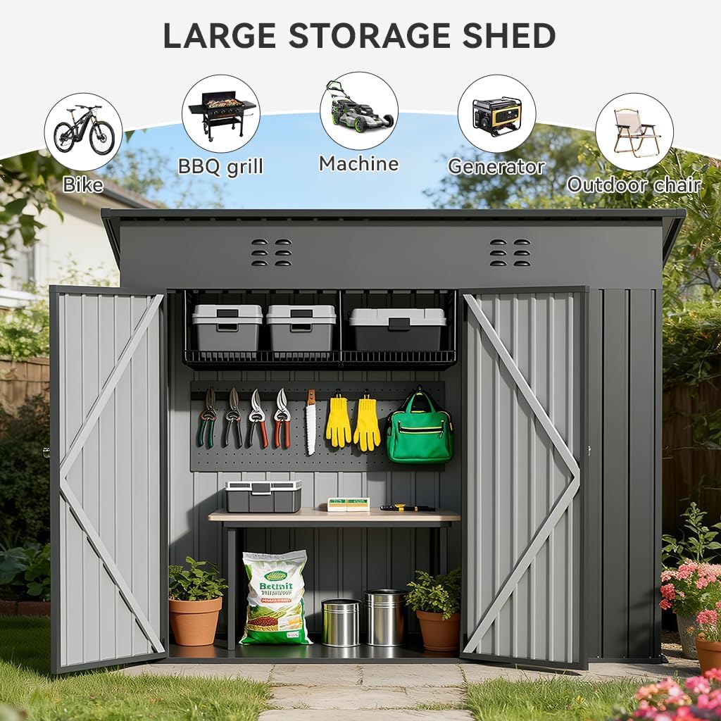 COMHOMA Shed Storage Outdoor Metal Windowed Lockable Weatherproof Ventilated Backyard Garden Utility Workshop(Grey,8'*4')