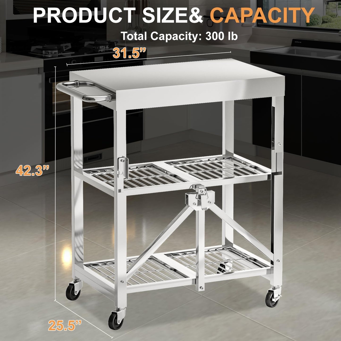 Stainless Steel Foldable Rolling Kitchen Cart with 3-Tier Shelves, 300LB Capacity, Wheels & Foldable Design, Top Worktable for Food Prep, Ideal for Kitchen, Restaurant, Warehouse, Outdoor & Hotel Use