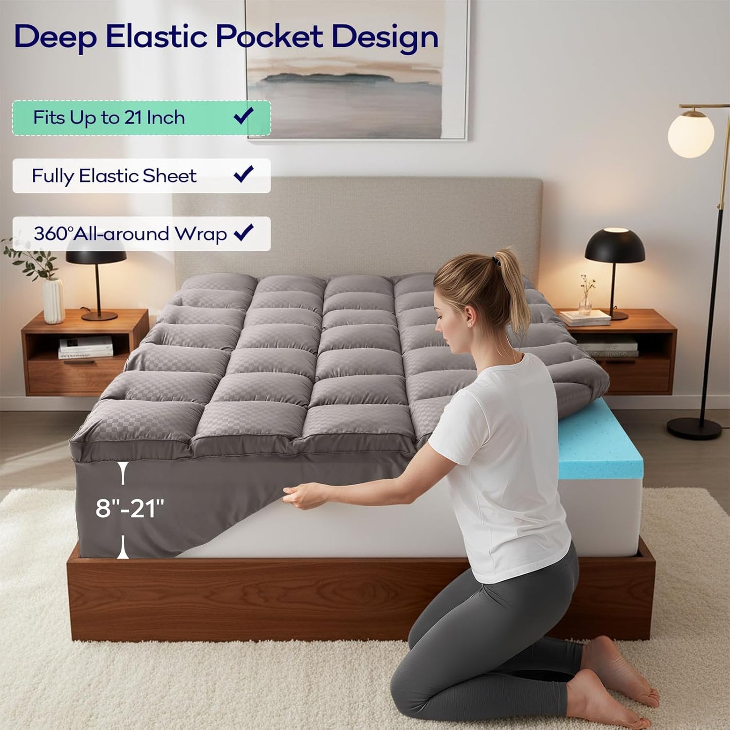 OLANLY Queen Size Memory Foam Mattress Topper - Dual-Layer 4 Inch Cooling Pillow Top, Light Grey