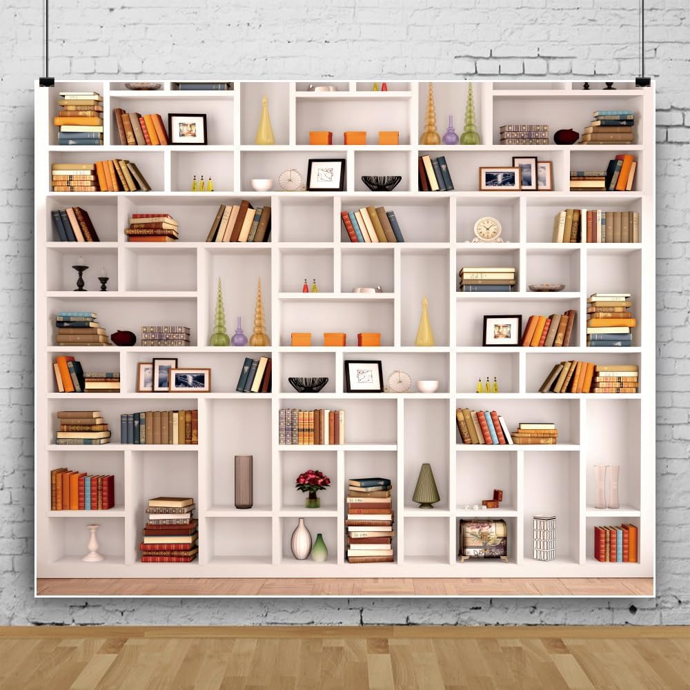 Leowefowa 10x8ft White Bookshelf Photography Backdrop Morden Library Bookcase Background Home Office Room Books Study