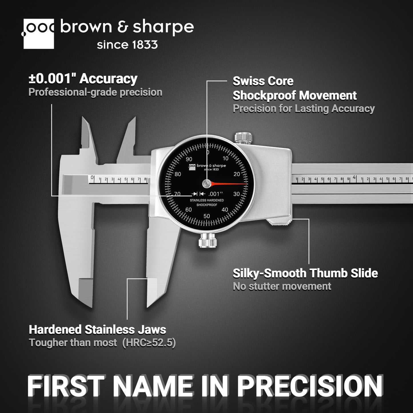 Brown & Sharpe 6" Dial Caliper, 0.001" Resolution, Shockproof Design, Locking Screw, Hardened Stainless Steel Jaws, Zinc-Aluminum Alloy Housing