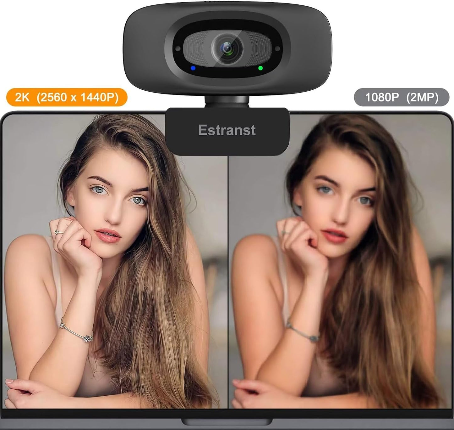 Estranst 2K Autofocus Webcam with Privacy Cover & Noise Canceling Microphone, Works with Zoom Teams YouTube Xbox