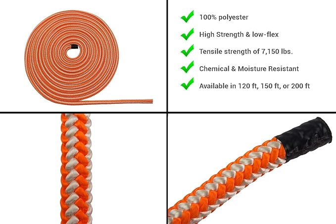 Pelican Rope 16-Strand 1/2 in (12.7 mm) Arborist-16™ Rope - 5400 lbs MBS - Static Climbing Rope - Rescue Operations - High Visibility - 120 ft - Tight Spliced Eye - Orange/White - Made in The USA